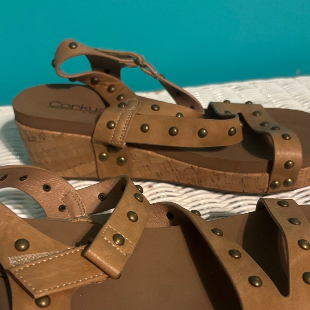 Corkys Tan Studded Cork Wedge Sandals - Women's - Picture 6 of 8